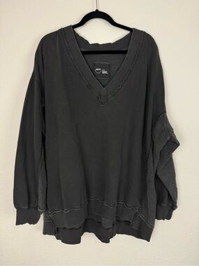 Aerie Dark Charcoal Grey V Neck Oversized Pullover Sweatshirt Sweater